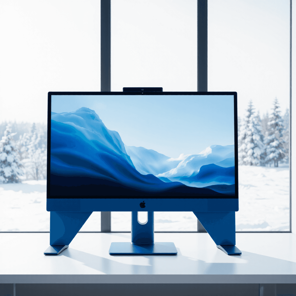 product photography of a desktop computer with an all-in-one design, featuring a large display and integrated speakers