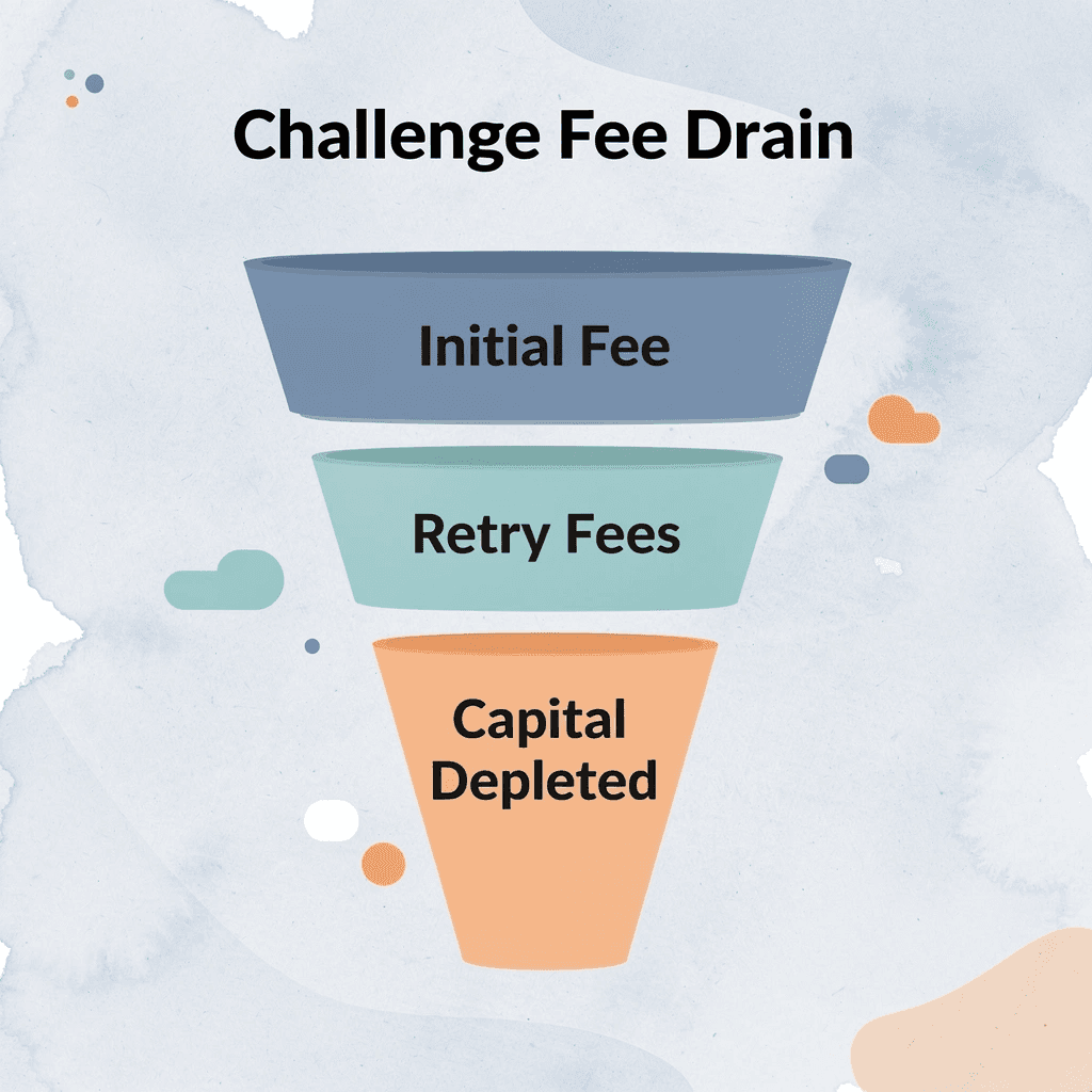 Funnel diagram showing how challenge fees drain trading capital