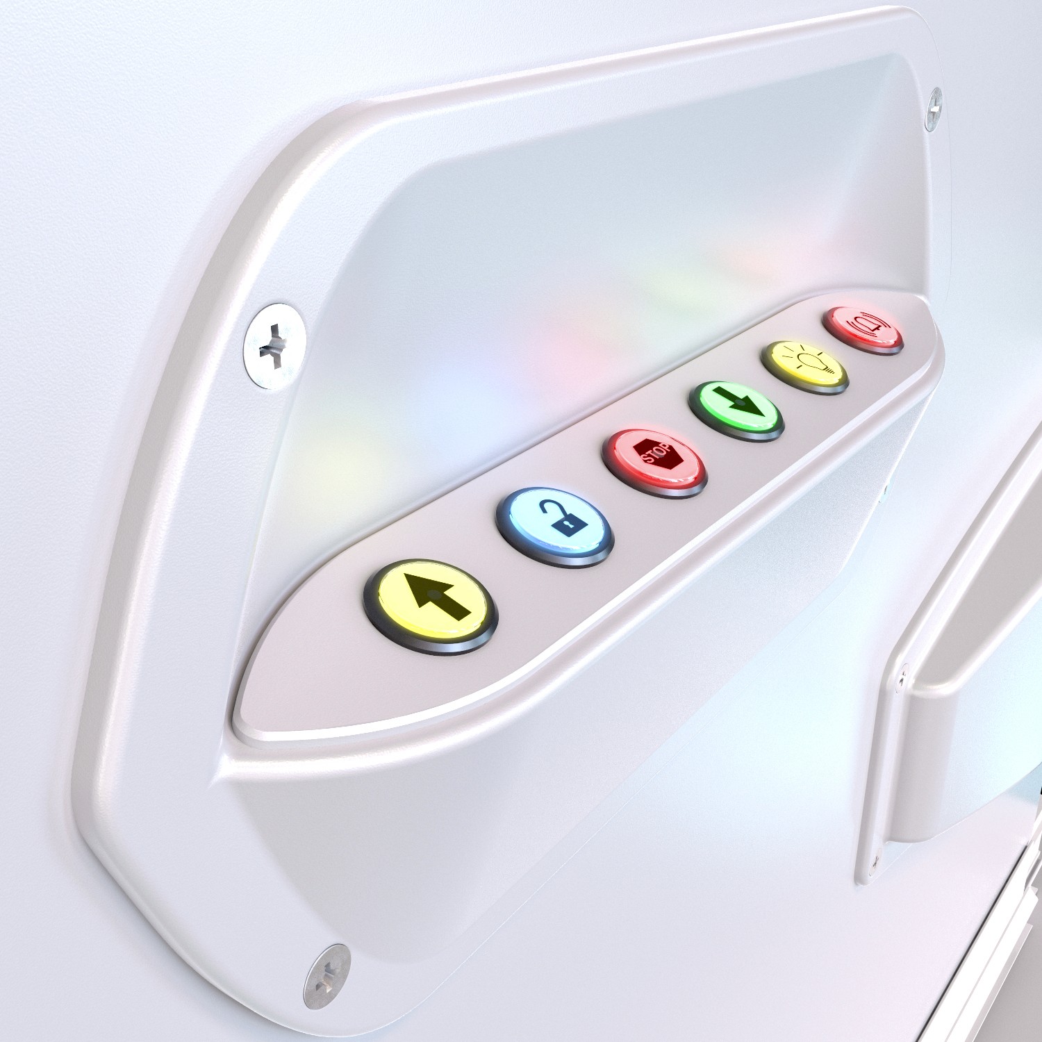 Close-up of stairlift onboard control panel showing illuminated up, door release, stop, down, light, and power buttons