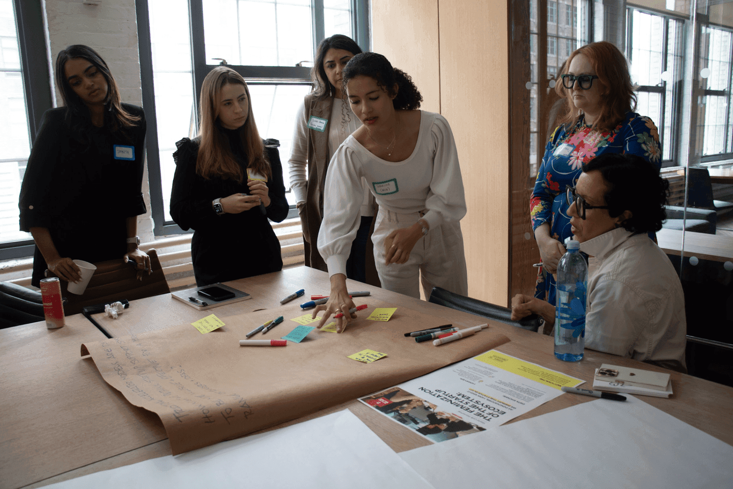 Group of women placing sticky notes and writing on a large piece of brown paper