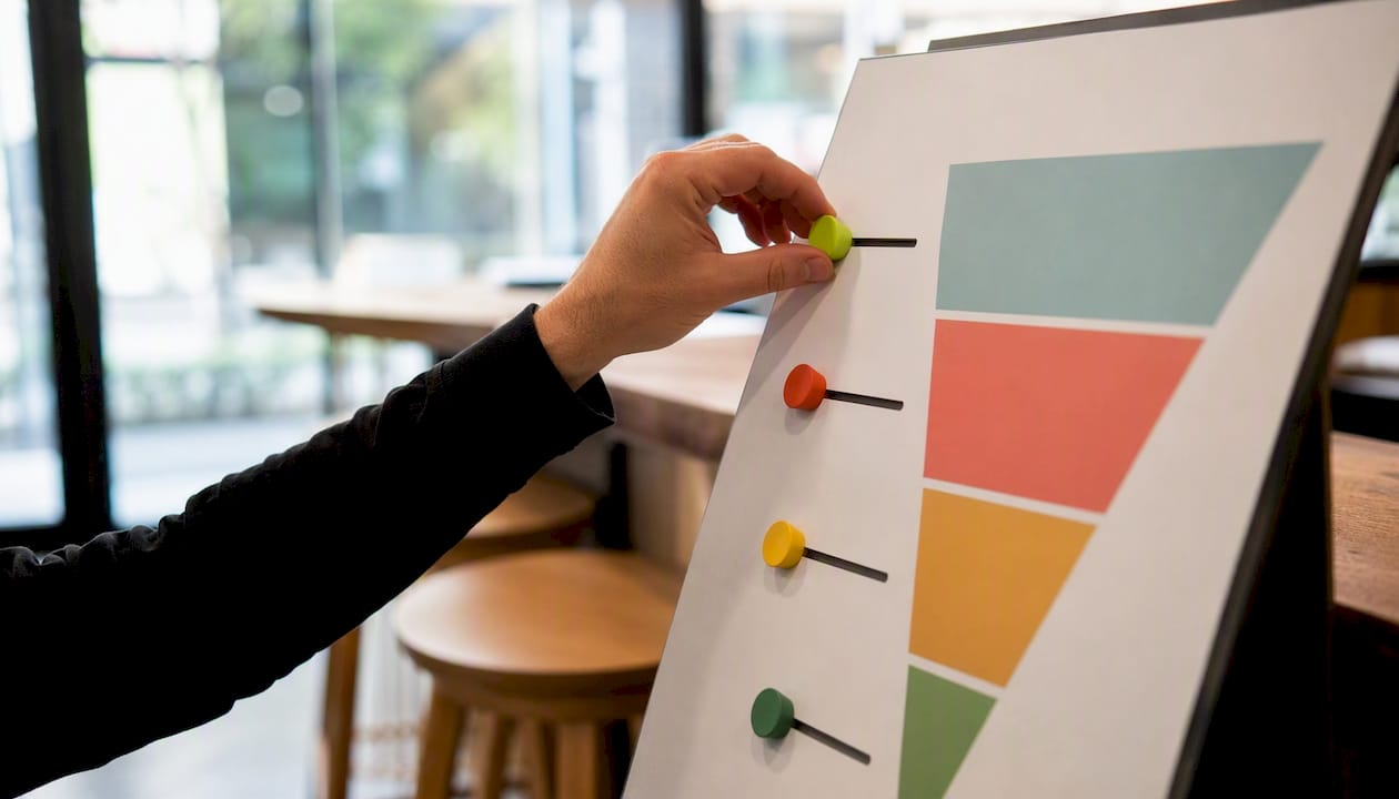 Hand positioning KPI marker on funnel board