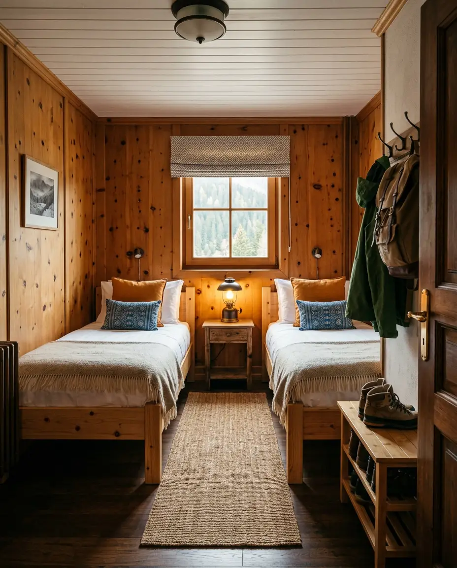 Cozy twin room with pine walls, two single beds and hiking gear by the door