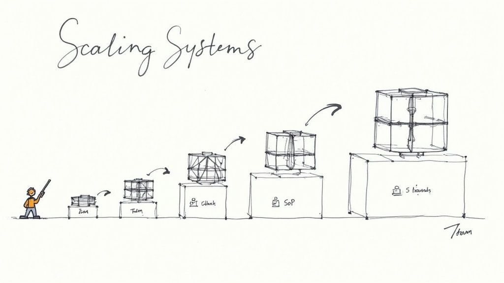 A group of people collaborating on building a system with gears and connecting parts, symbolizing operational scaling.