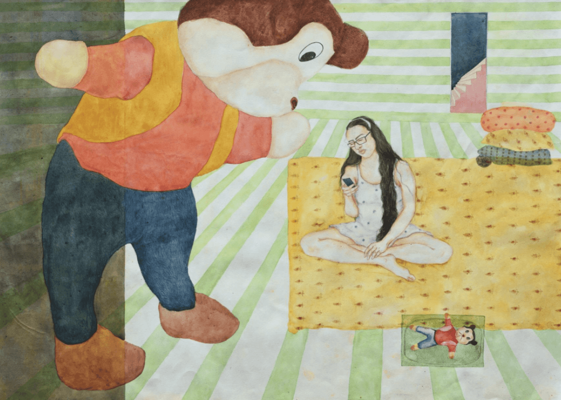 herd of sheep on road painting