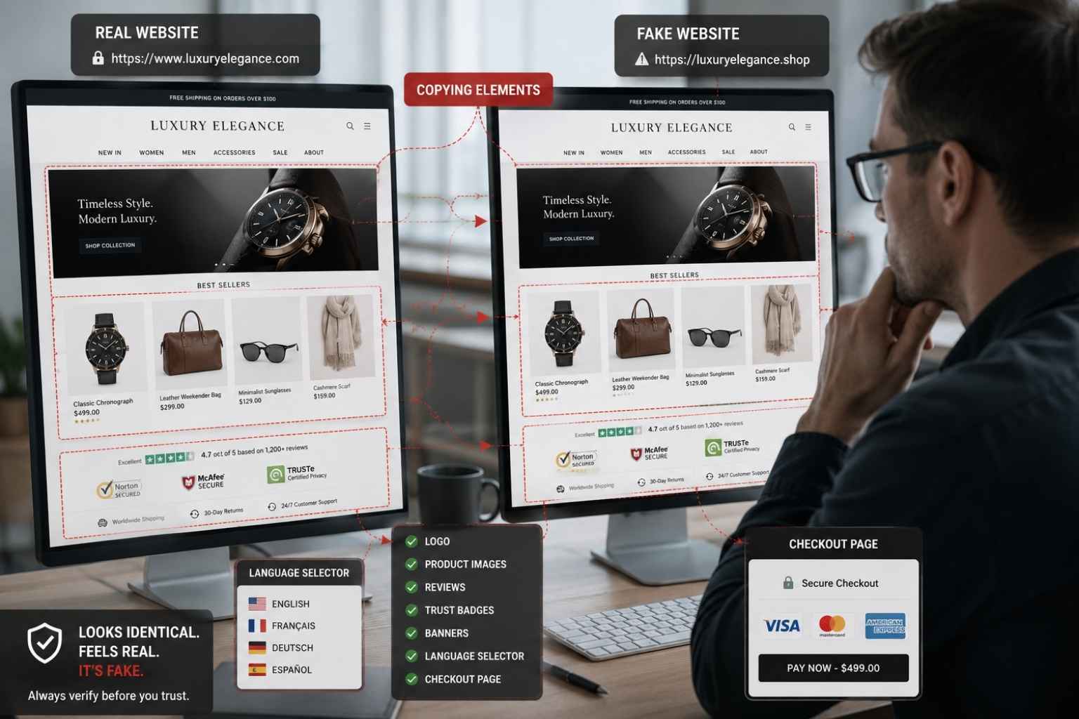 User evaluating a luxury shopping website on a laptop while a security analysis dashboard on a tablet identifies warning signs such as a recently registered domain, low trust score, copied website content, and potential phishing indicators