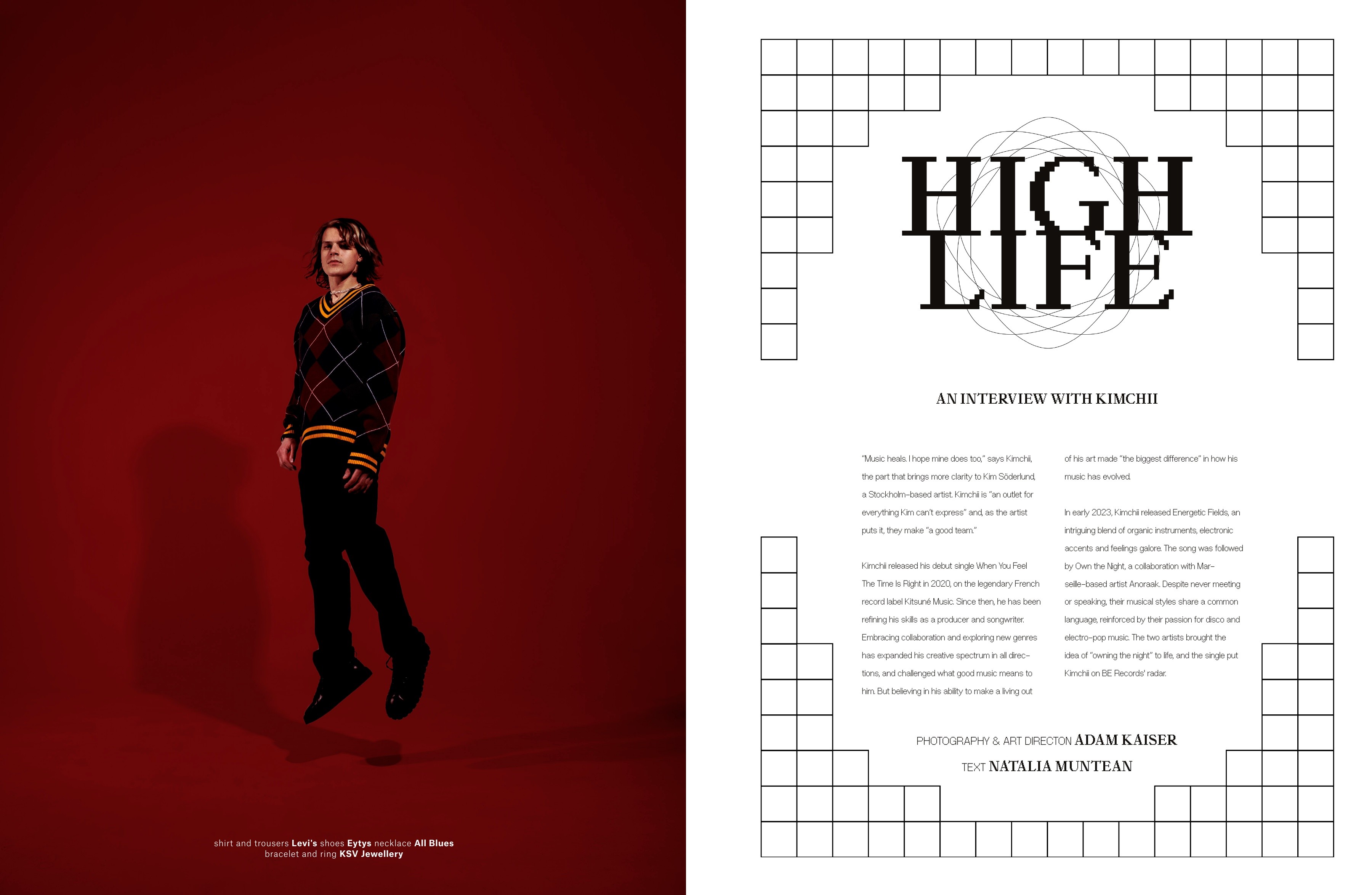 High Life opening spread with a red portrait opposite overlapping typography and a geometric grid