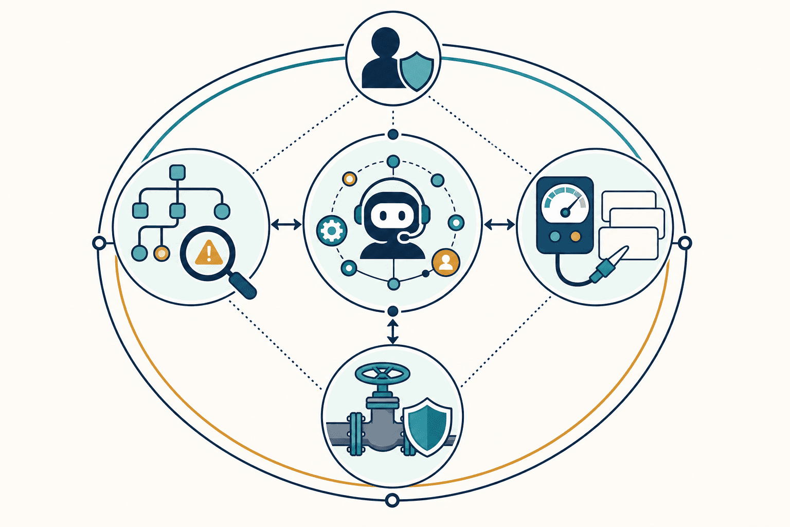 Illustration of the four NIST AI RMF functions, Govern, Map, Measure and Manage, applied to an AI support agent