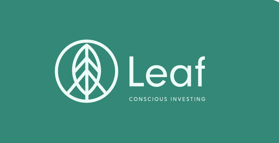 An image of a white logo from Leaf a sustainable investing company on a dark green background