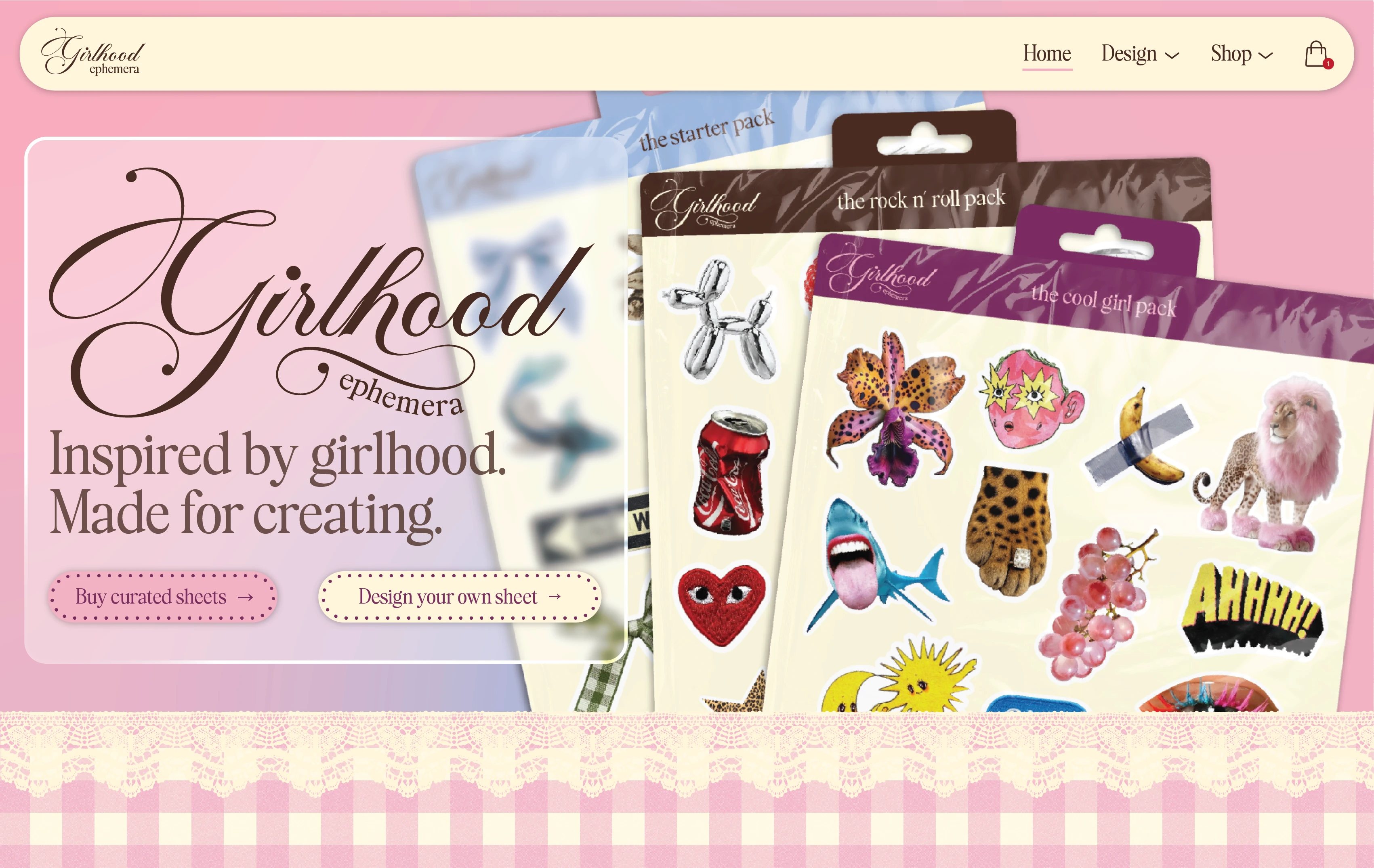 Front page of a website called Girlhood ephemera, displaying customized sticker sheets up close and a lace frame