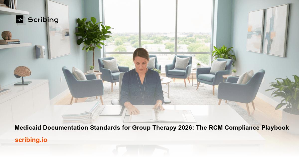 Illustration representing Medicaid documentation standards for group therapy sessions in a clinical billing and compliance context