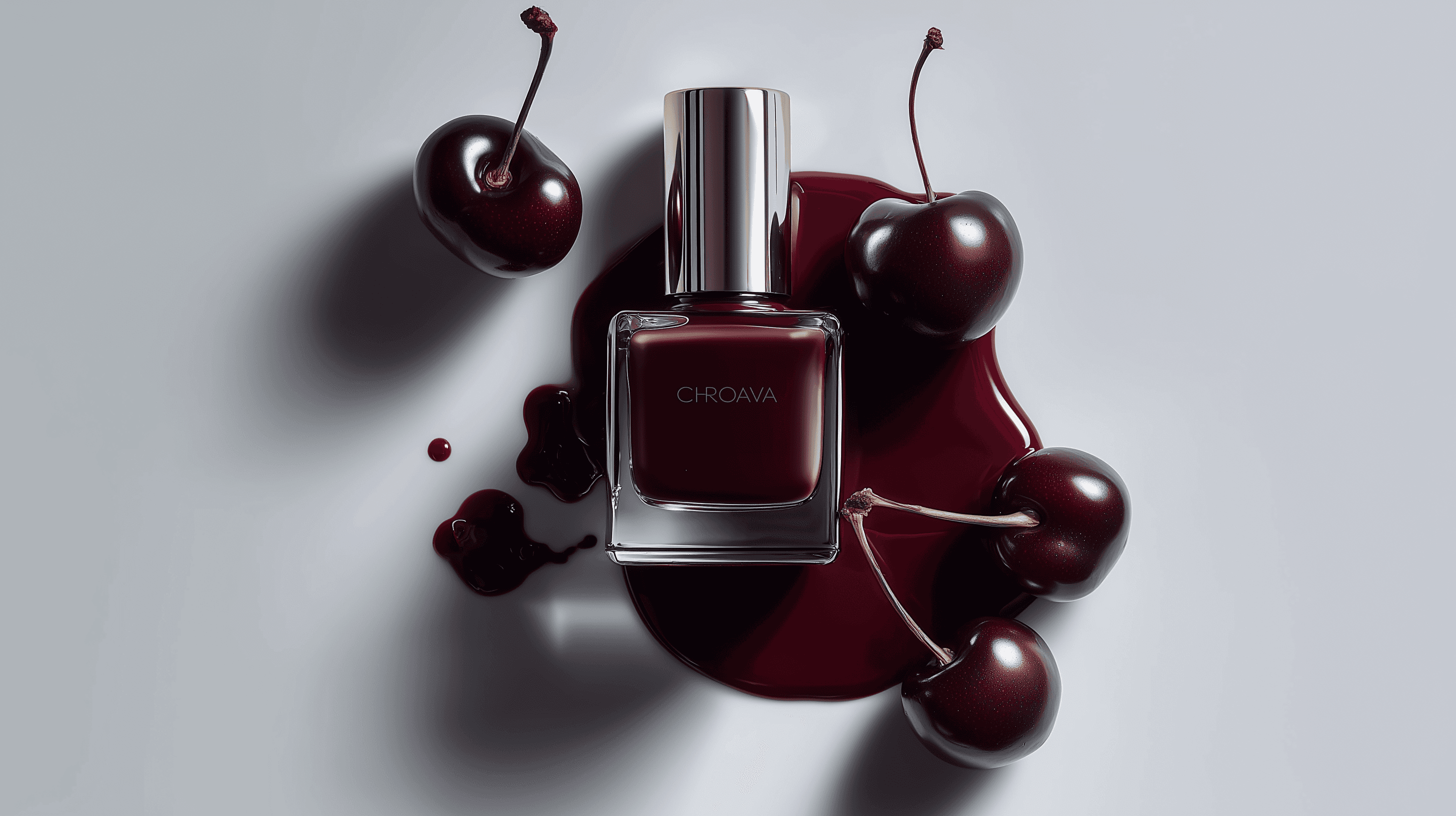 Luxury dark cherry nail polish bottle labeled "CHROAVA" surrounded by fresh cherries and spilled polish on a sleek light background, symbolizing elegance and bold beauty.