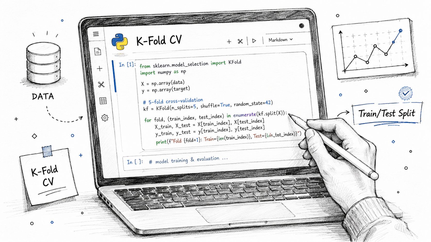 A hand holding a pen writing Python code on a laptop screen demonstrating K-Fold cross validation.