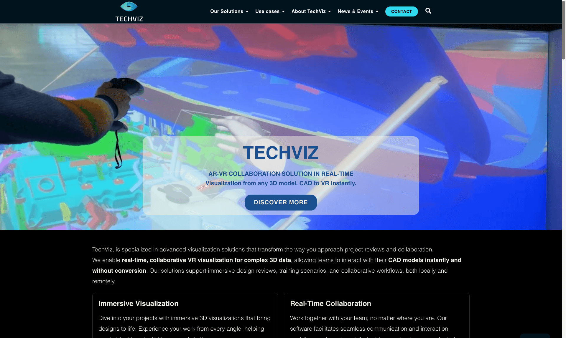 TechViz website homepage showing a CAD vehicle model reviewed in virtual reality with a handheld controller