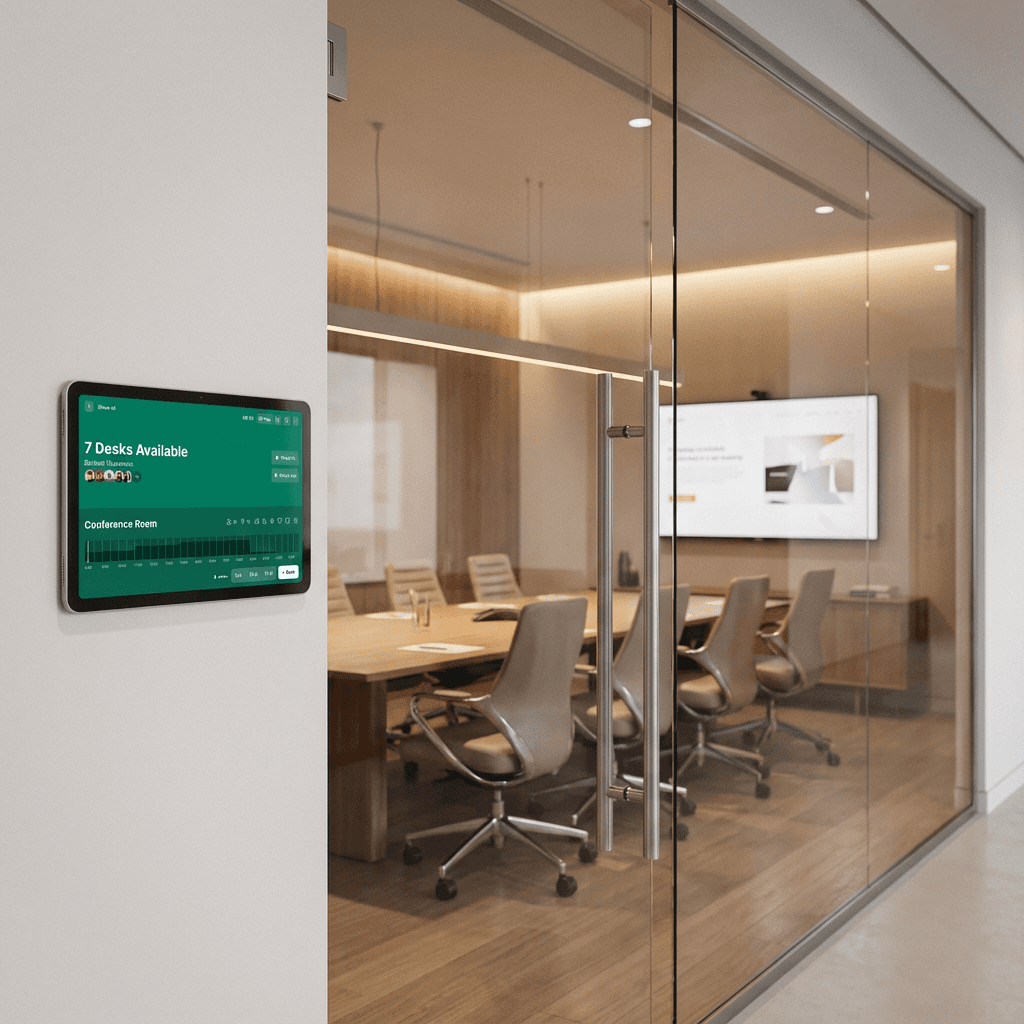 iOS Raumdisplay am Meetingraum zeigt Verfügbarkeit im anny Buchungssystem als frei
