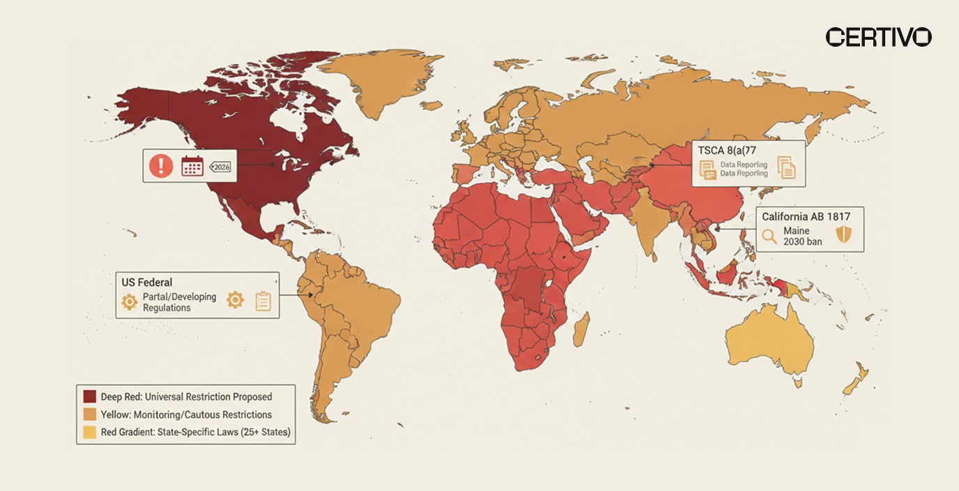 Global PFAS compliance regulations map showing enforcement timelines across EU US Canada and Asia