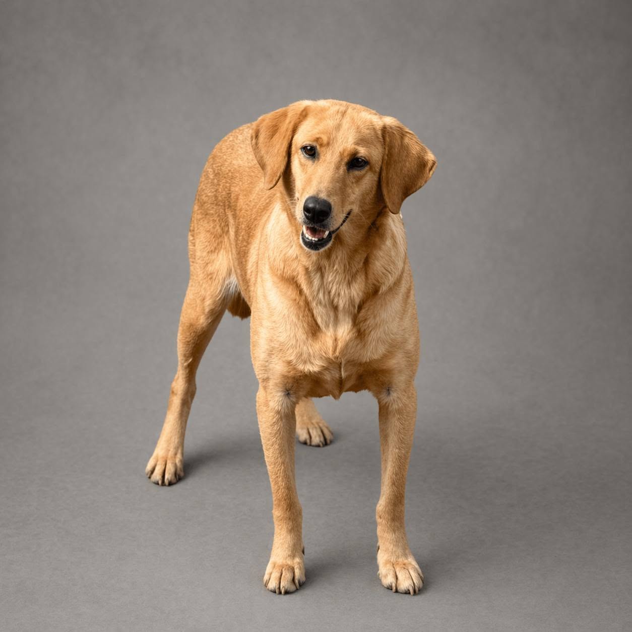 Friendly golden tan rescue dog standing and looking toward the camera against a gray studio backdrop.