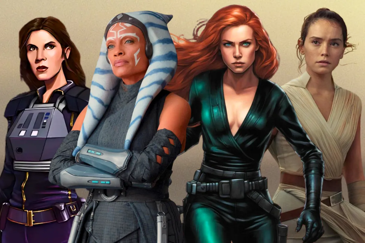 A comparison image of iconic female characters in Star Wars, featuring Jaina Solo, Ahsoka Tano, Mara Jade, and Rey. Each character represents a different era and role within the franchise, showcasing Mara Jade’s influence on modern female protagonists.