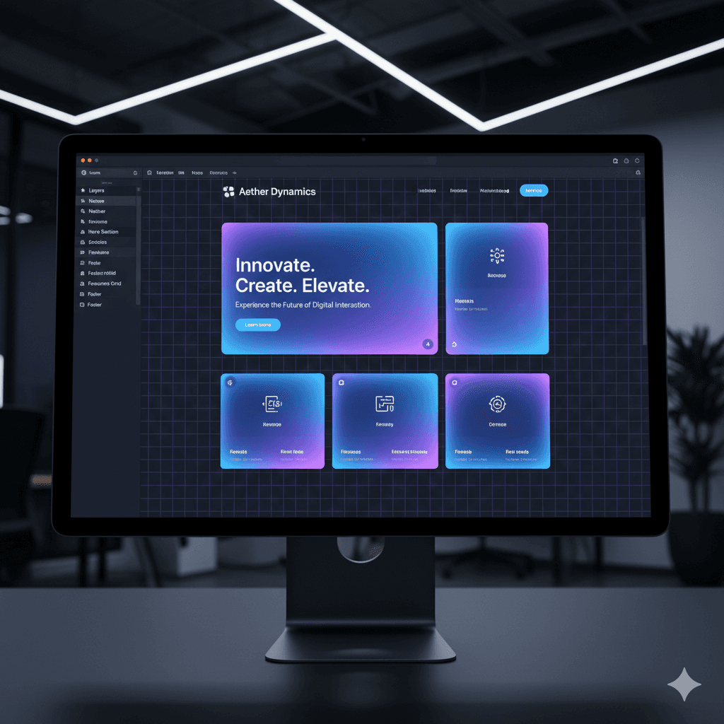 A close-up of a high-resolution Studio Display showing the Framer interface. You can see layers, a website grid, and a beautiful landing page with glassmorphism effects. The background is a blurry, high-end modern office. Sleek tech aesthetic, dark mode, professional photography.