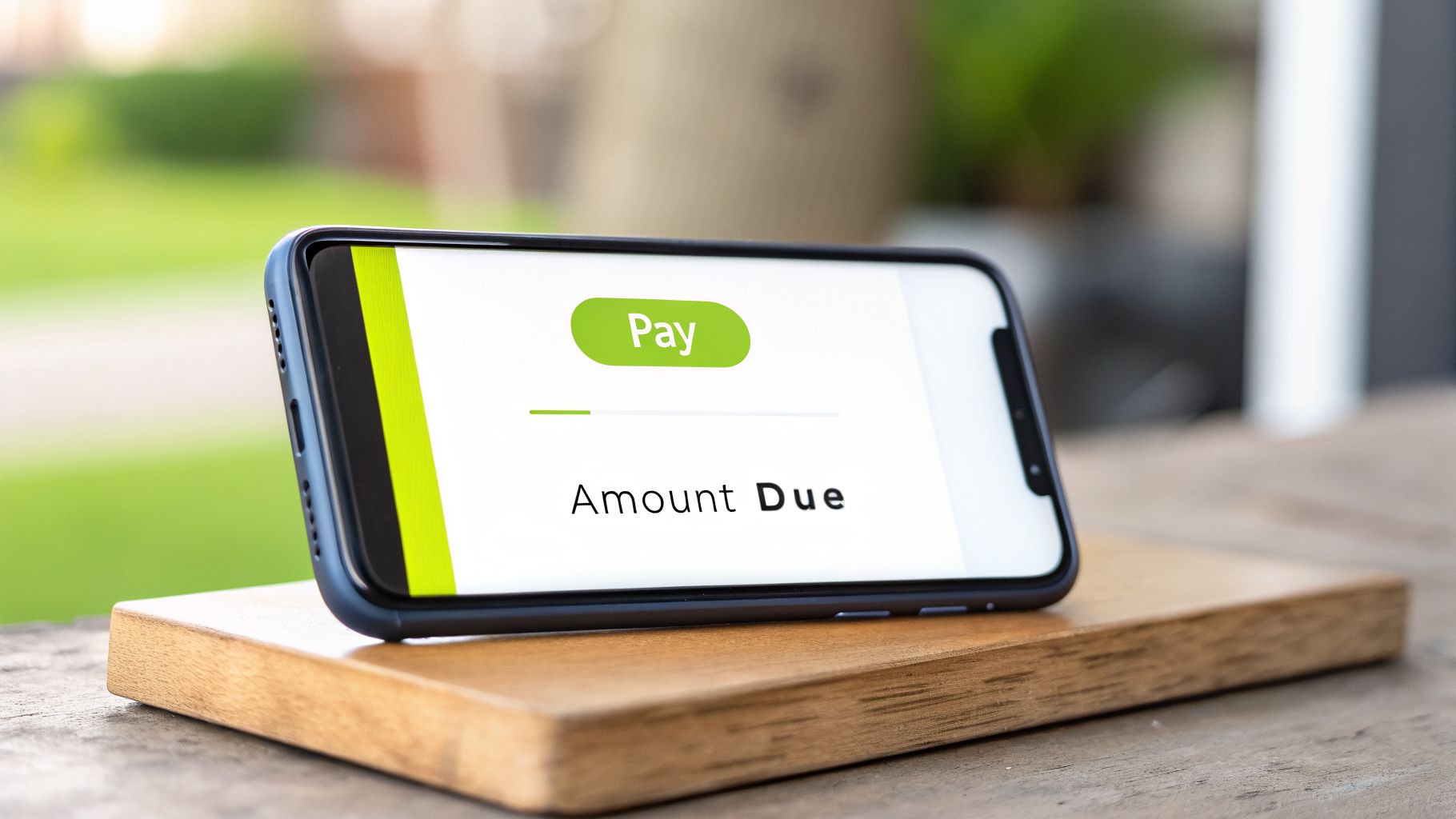 A smartphone displaying a digital payment application with a 'Pay' button and 'Amount Due' text, on a wooden stand.