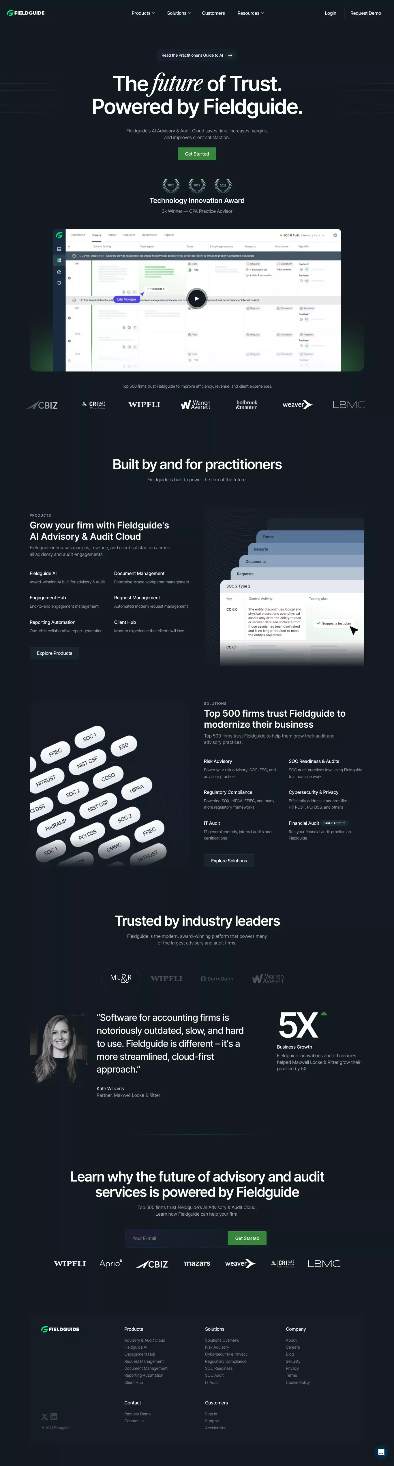 Fieldguide Advisory & Audit Cloud landing page screenshot showcasing Tech and Marketing design