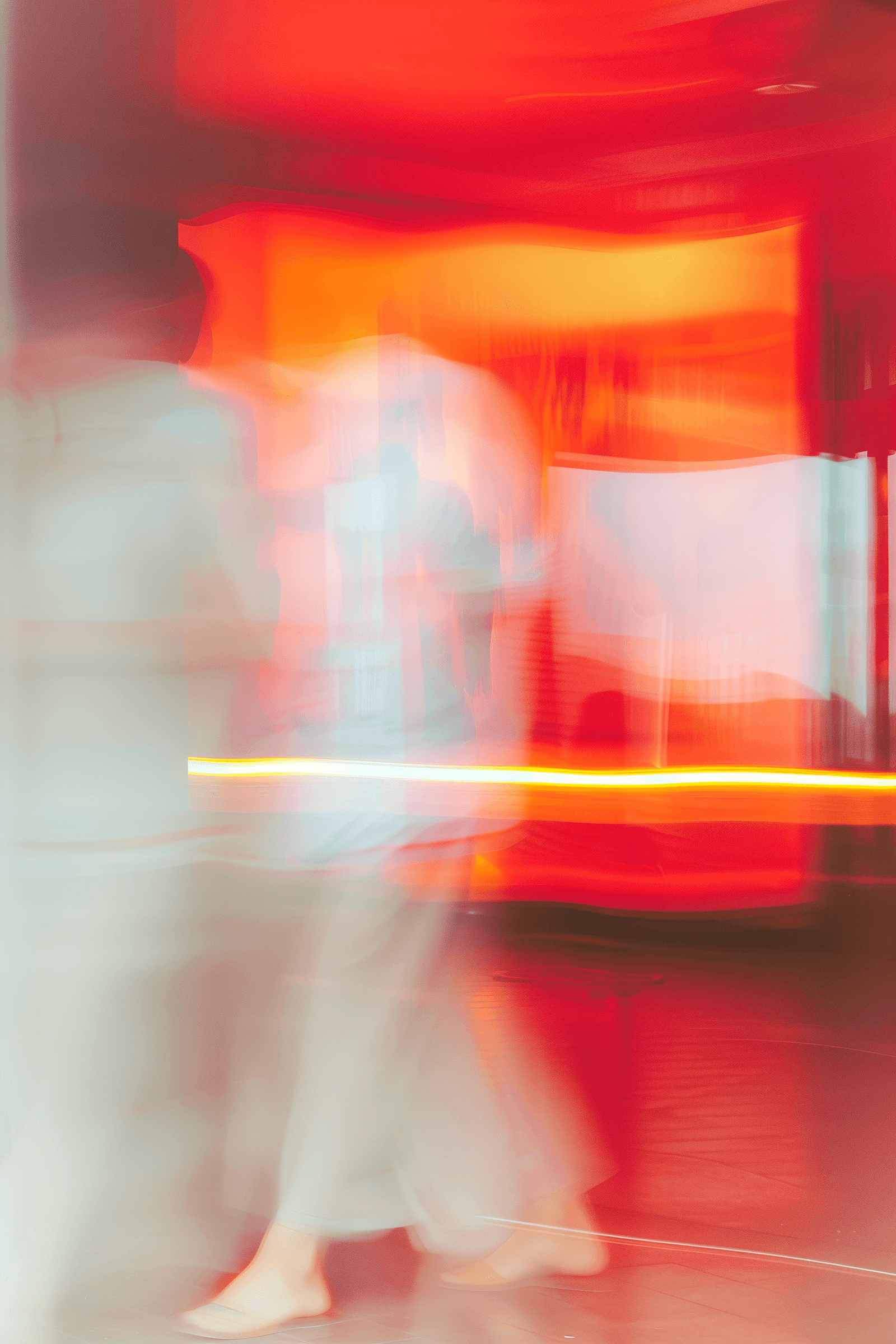 Performer captured in motion with vivid red and orange light streaks against a dark background.
