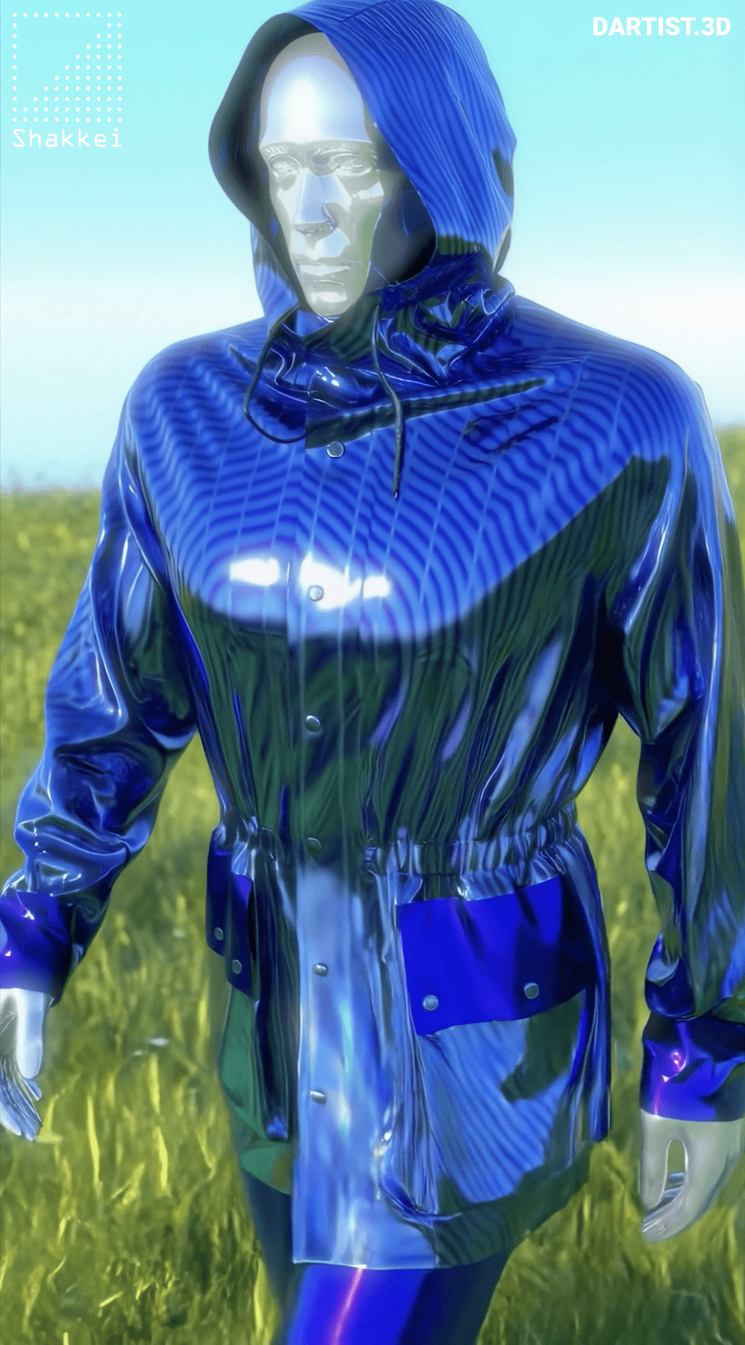3D render close up of a dark blue hooded jacket