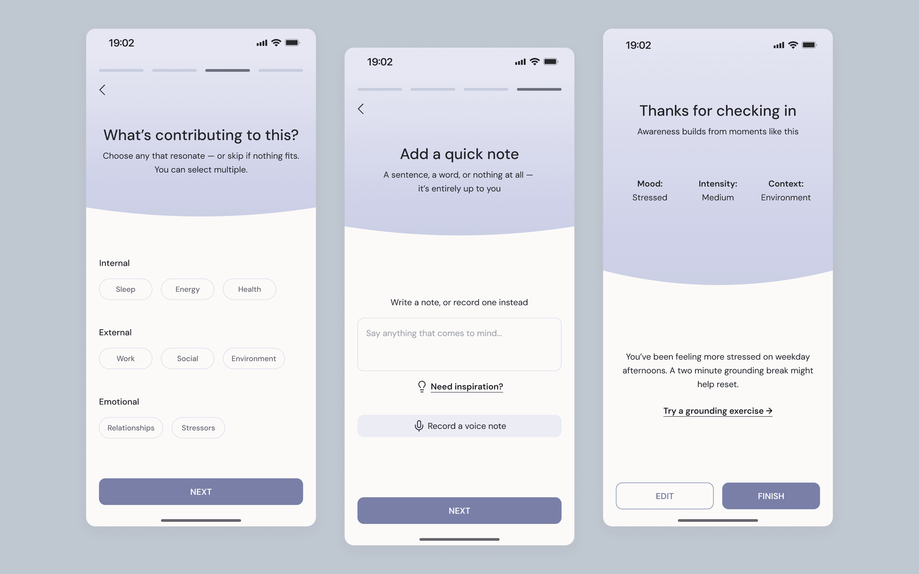 Mood context, micro-reflection and insights screens