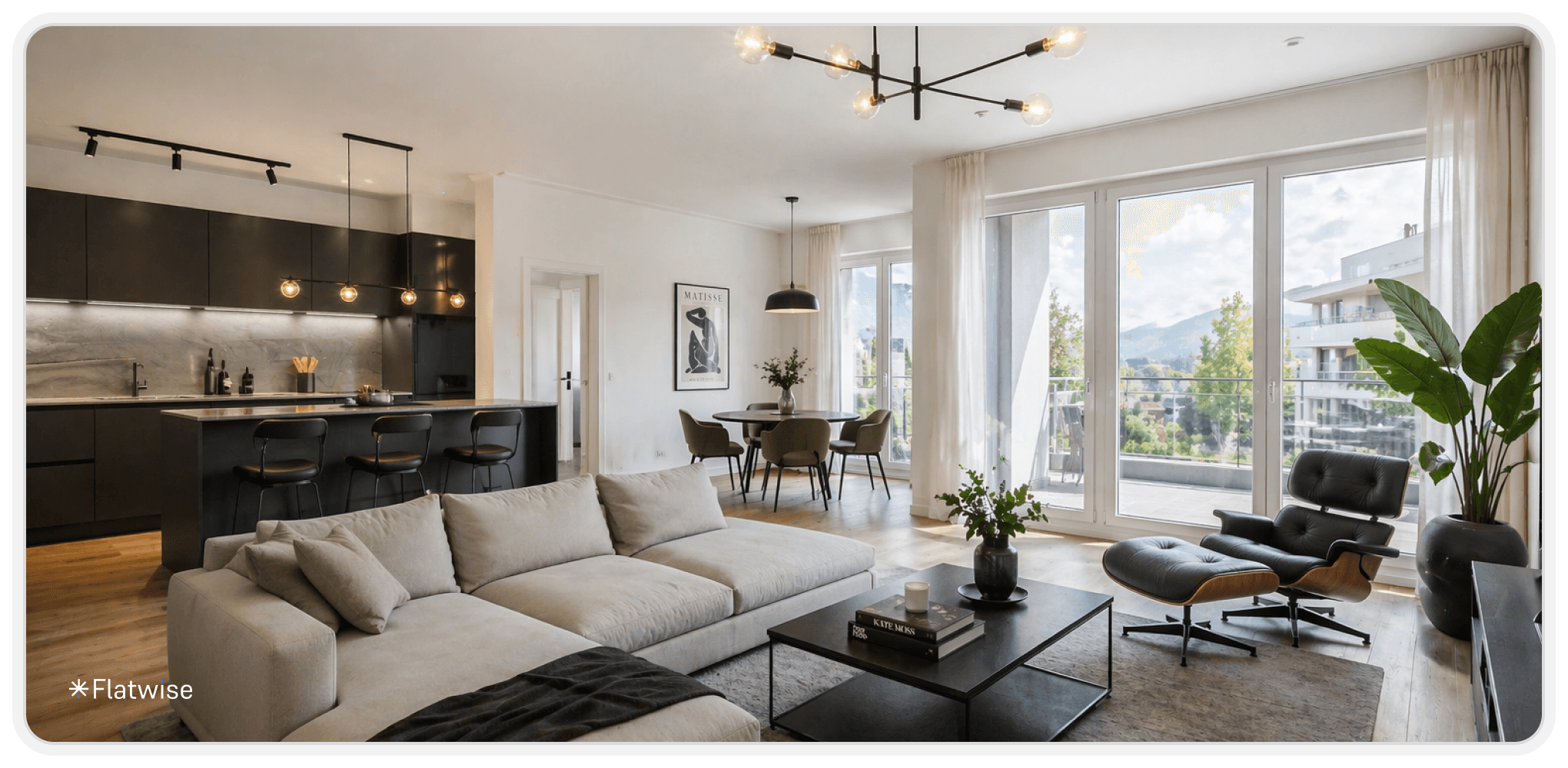 Großzügiger, lichtdurchfluteter Wohn- und Essbereich einer modernen Neubauwohnung mit offener Küche, Designmöbeln und großen Fensterfronten.