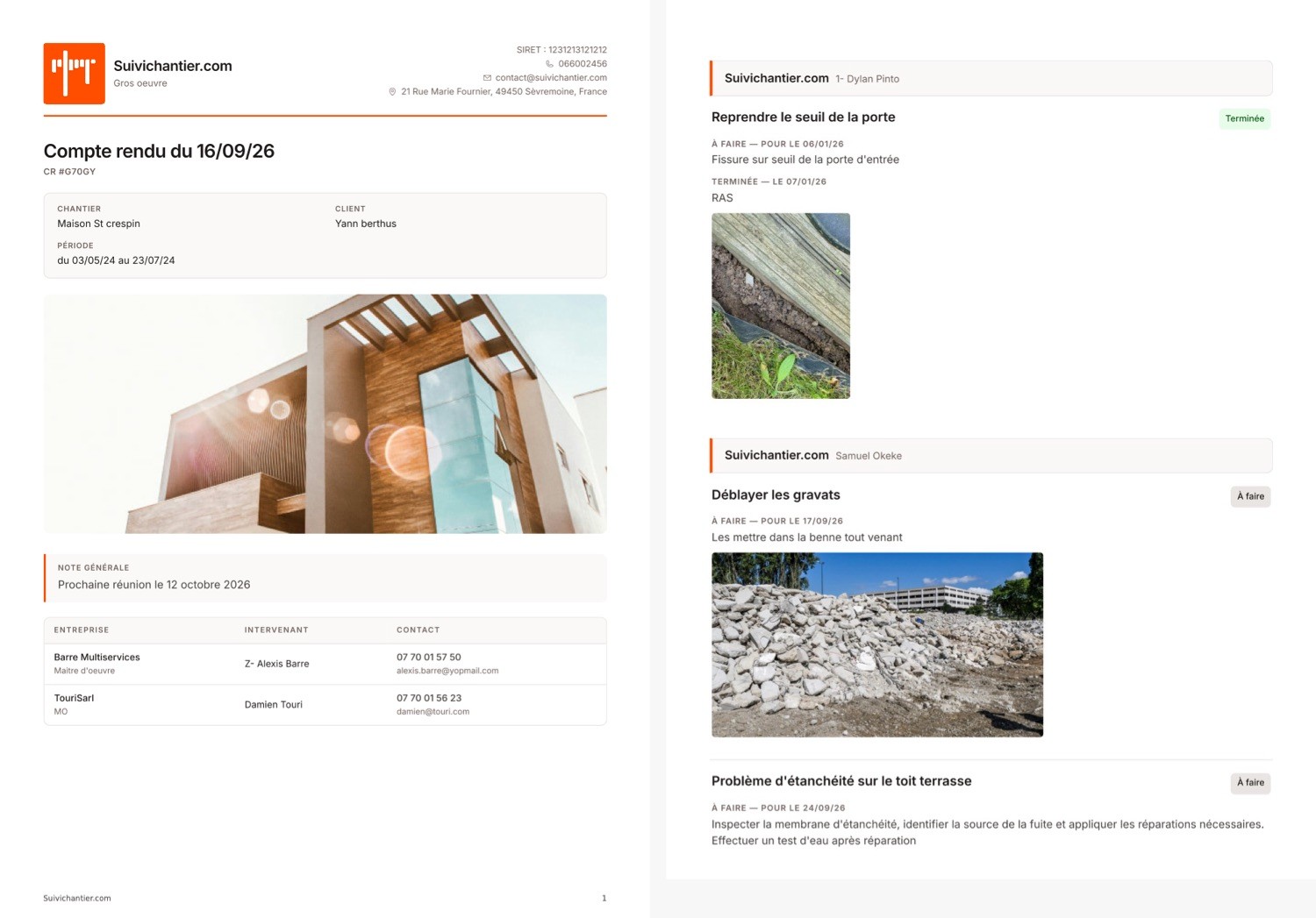 Compte rendu de chantier en PDF généré par Suivichantier.com : page de garde et points de suivi avec photos