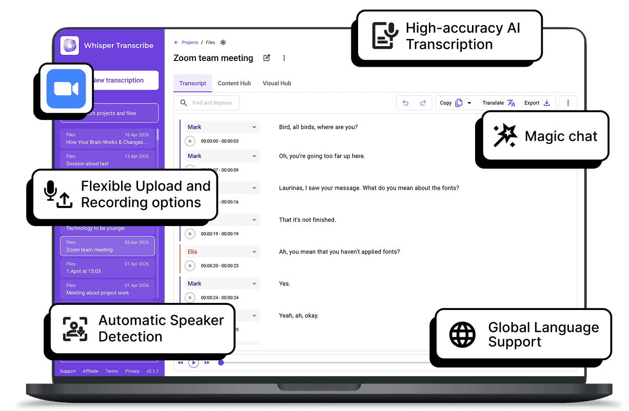 WhispeerTrasncribe interface for Meetings