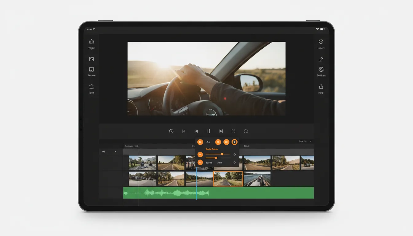 A screenshot of Adobe Premiere Pro video editing software for an iPad, featuring a Modern Dark Mode UI. The interface has a large video preview window at the top displaying a cinematic, sun-flared shot of a person's arm on a steering wheel. Below the preview are playback controls and a detailed timeline with multiple video clip thumbnails and a green audio track with a waveform. A floating contextual menu with vibrant orange icons and UI elements is active above a selected clip on the timeline, marked by a blue vertical playhead. Minimalist toolbars with simple white icons line the left and right sides of the application, which is set against a clean, light-colored background.