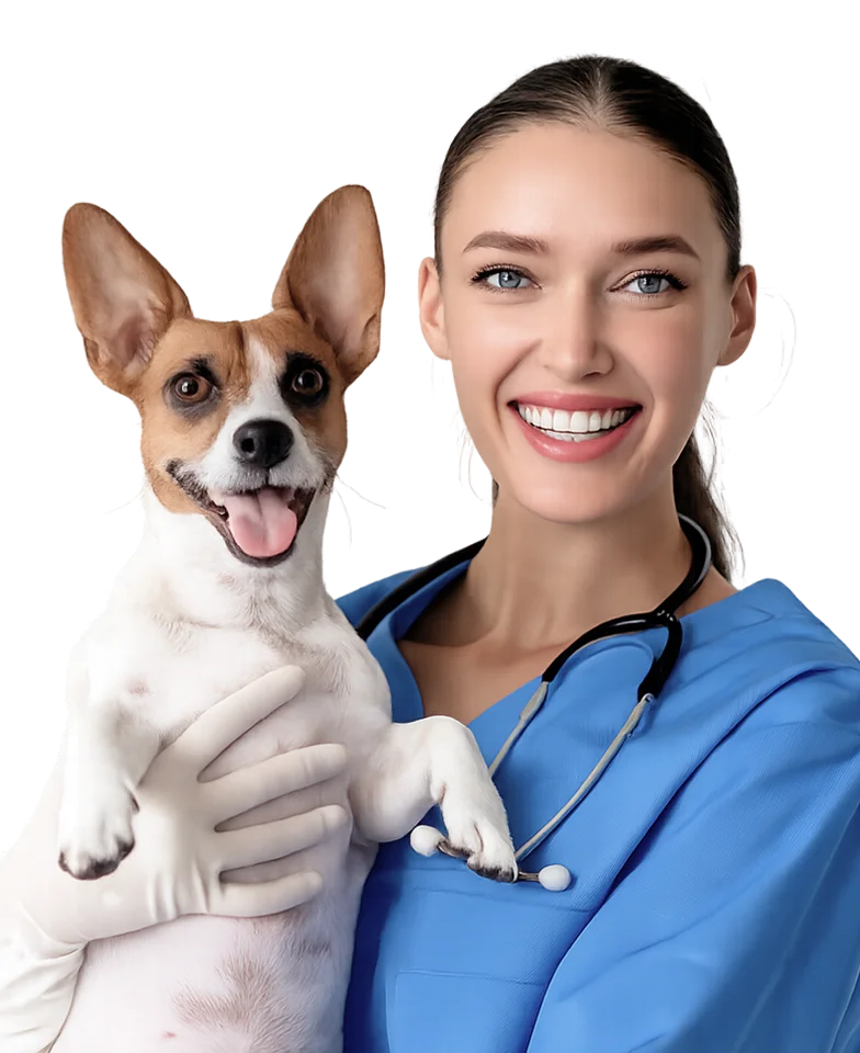 Female vet holding white dog