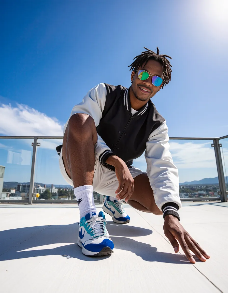 Stylish street fashion scene on urban rooftop featuring varsity jacket and blue sneakers against bright blue sky and city view