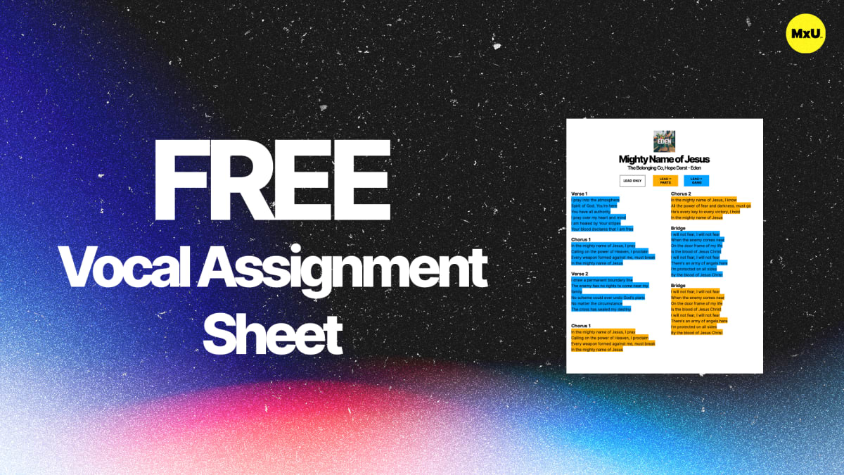 Cover image for the MxU resource 'Free Worship Vocal Assignment Sheet,' featuring the title, FREE Vocal Assignment Sheet text, and a blue-orange sample sheet titled Mighty Name of Jesus.