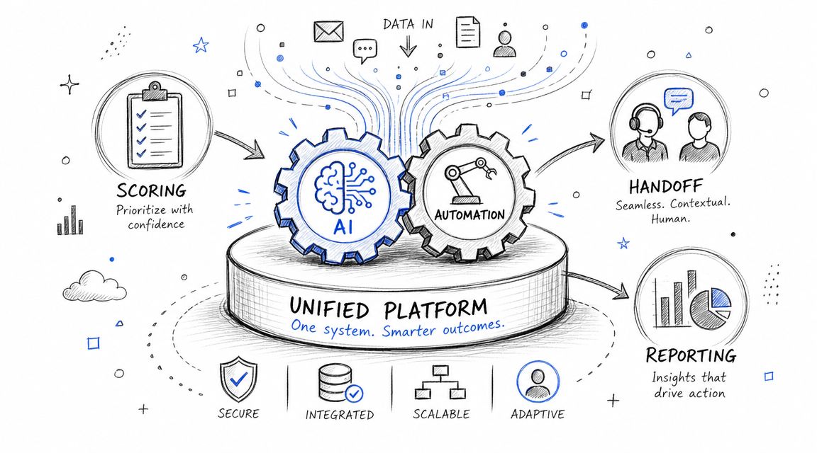 A diagram illustrating a unified platform featuring AI and automation for data management, lead scoring, and reporting.