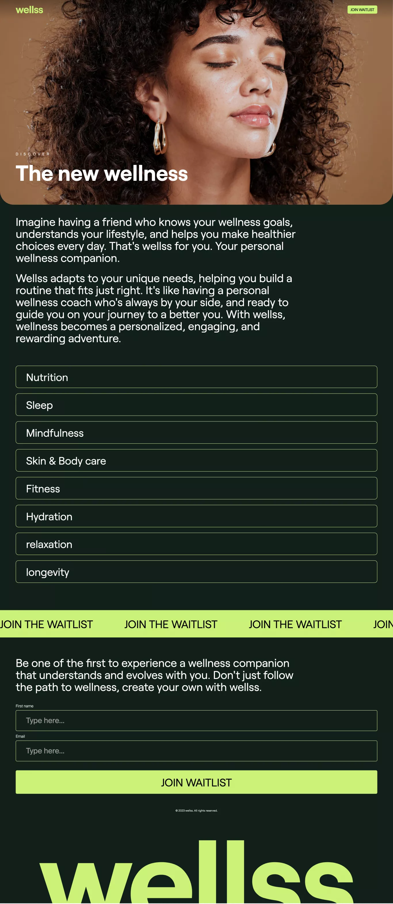wellss landing page screenshot showcasing Health & Fitness and Beauty design