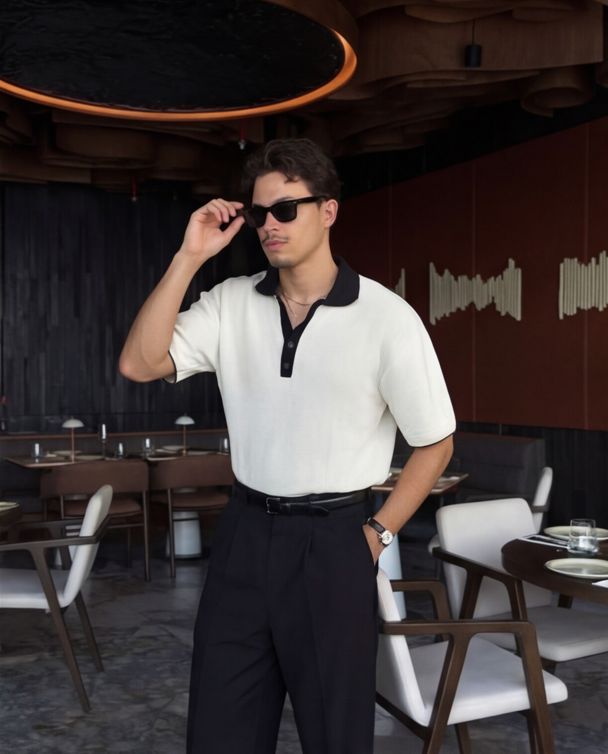 Cream Knit Polo with Black Wide-Leg Trousers