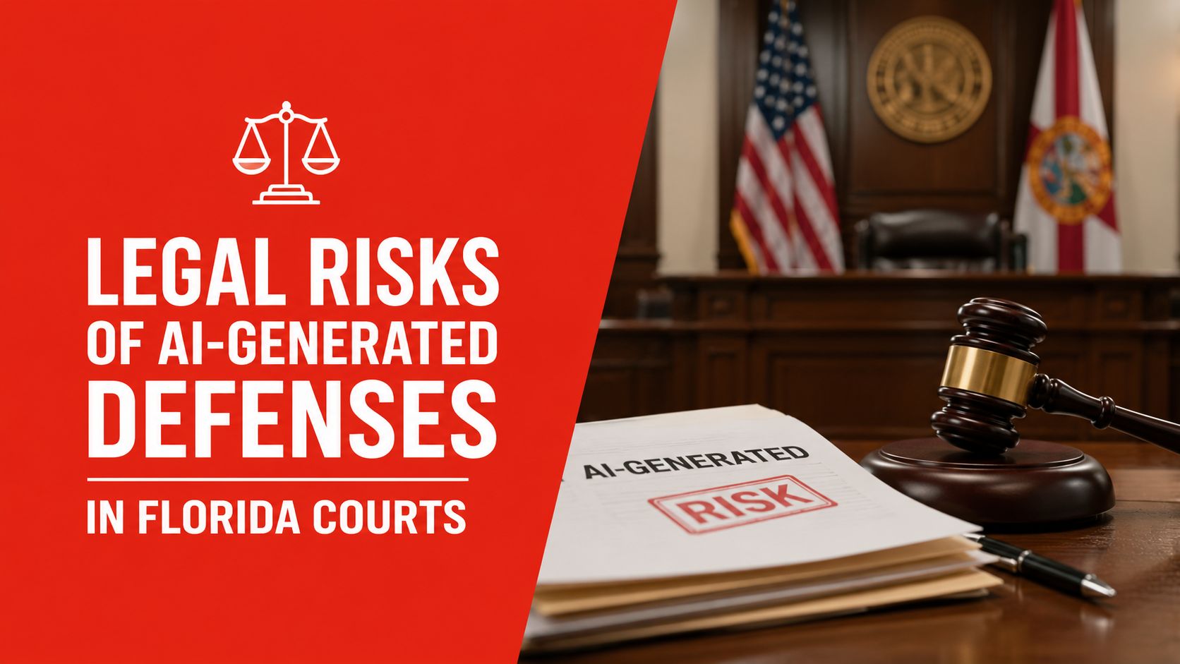 A courtroom background with a gavel and a document labeled AI-generated risk, emphasizing legal challenges in Florida.
