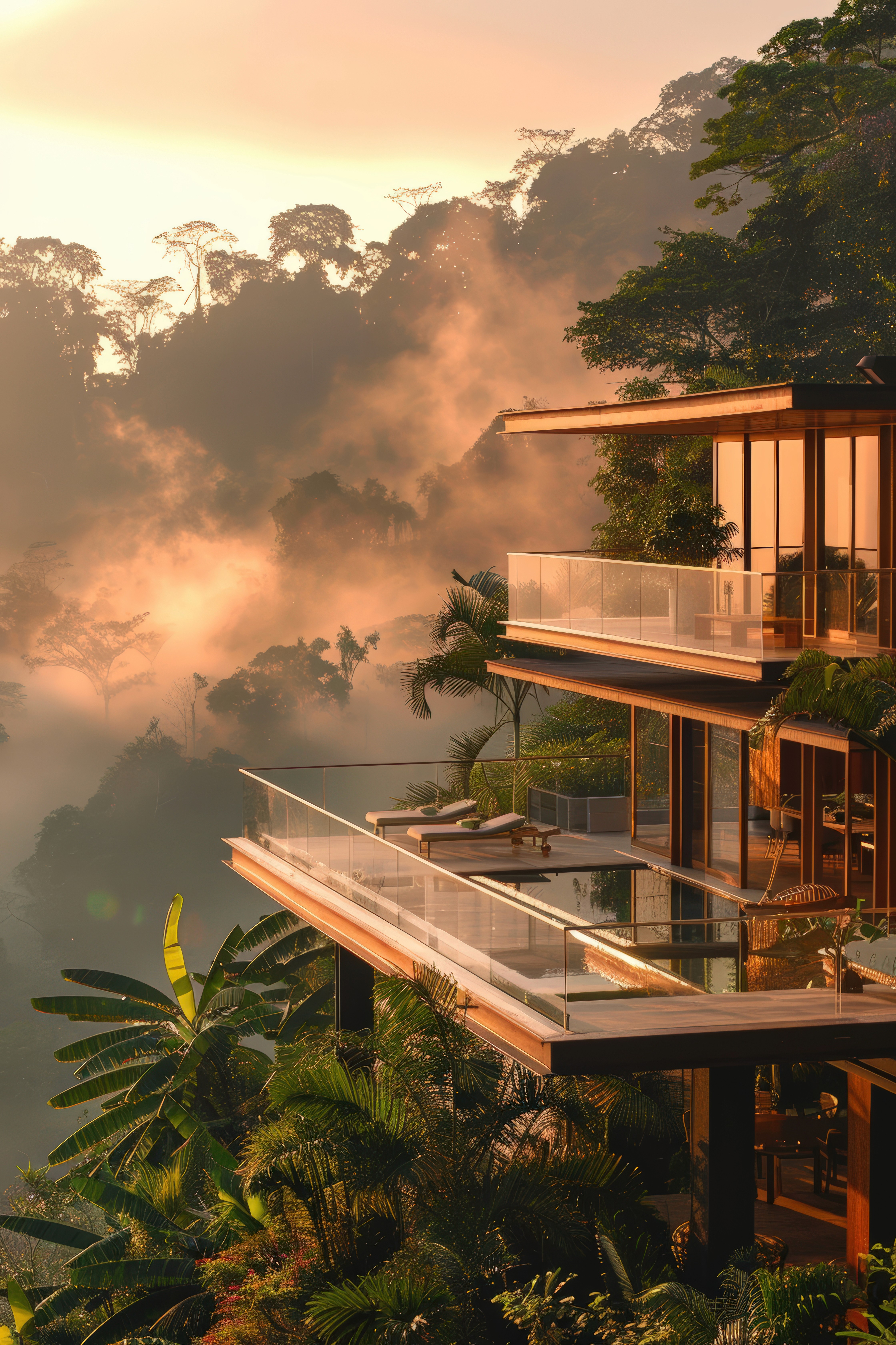 A modern glass house with balconies overlooks a lush, misty rainforest at sunrise, conveying a serene and luxurious atmosphere.