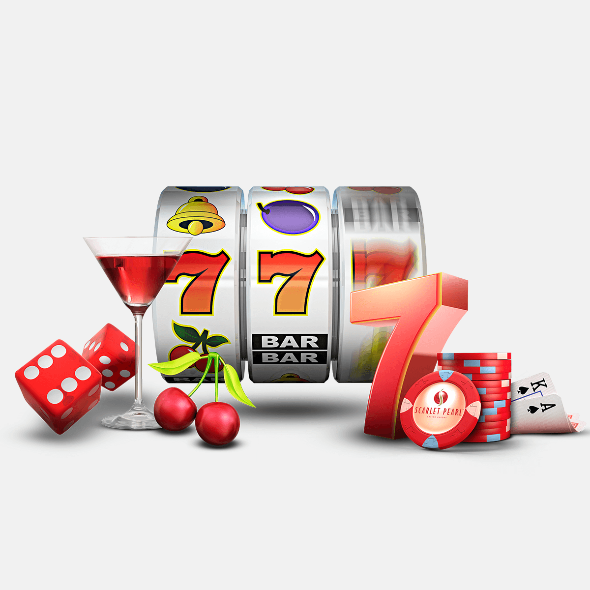 A slot machine showing triple sevens, with a cocktail, cherries, red dice, poker chips, and playing cards arranged in front.