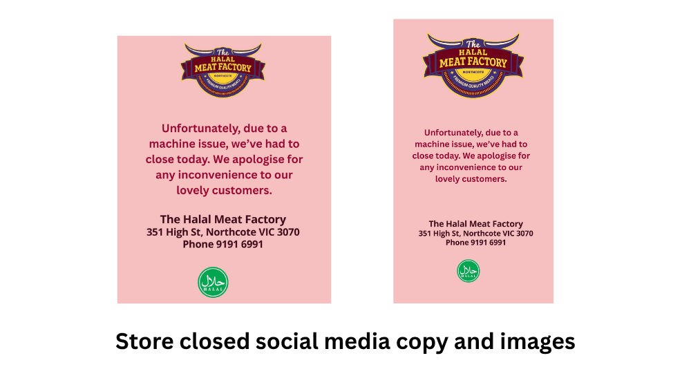 Image shows - Branded social media graphic announcing the Halal Meat Factory's temporary closure due to equipment issues.