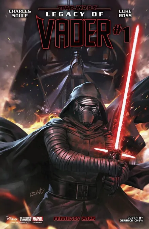 Cover of Legacy of Vader issue 1 featuring Kylo Ren in his black robes and mask wielding a red lightsaber with Darth Vader's mask in the background