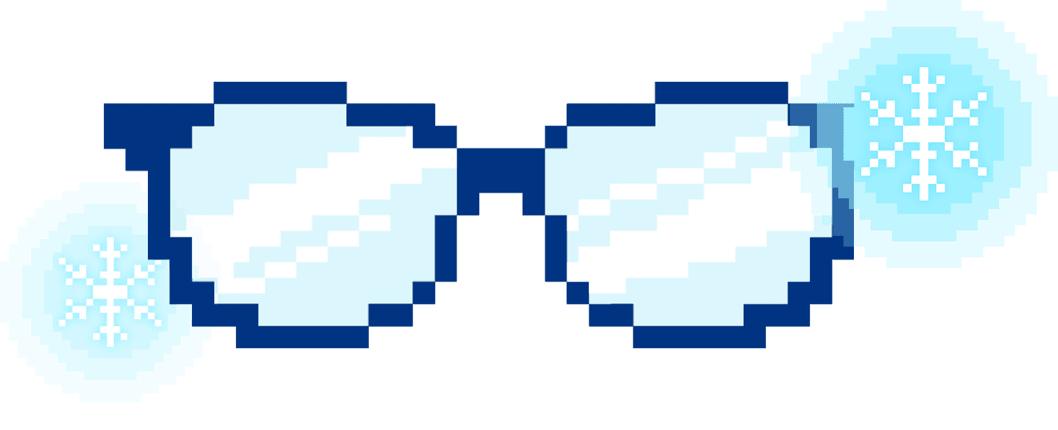 A pair of blue pixel glasses with glowing snowflake details on each side.