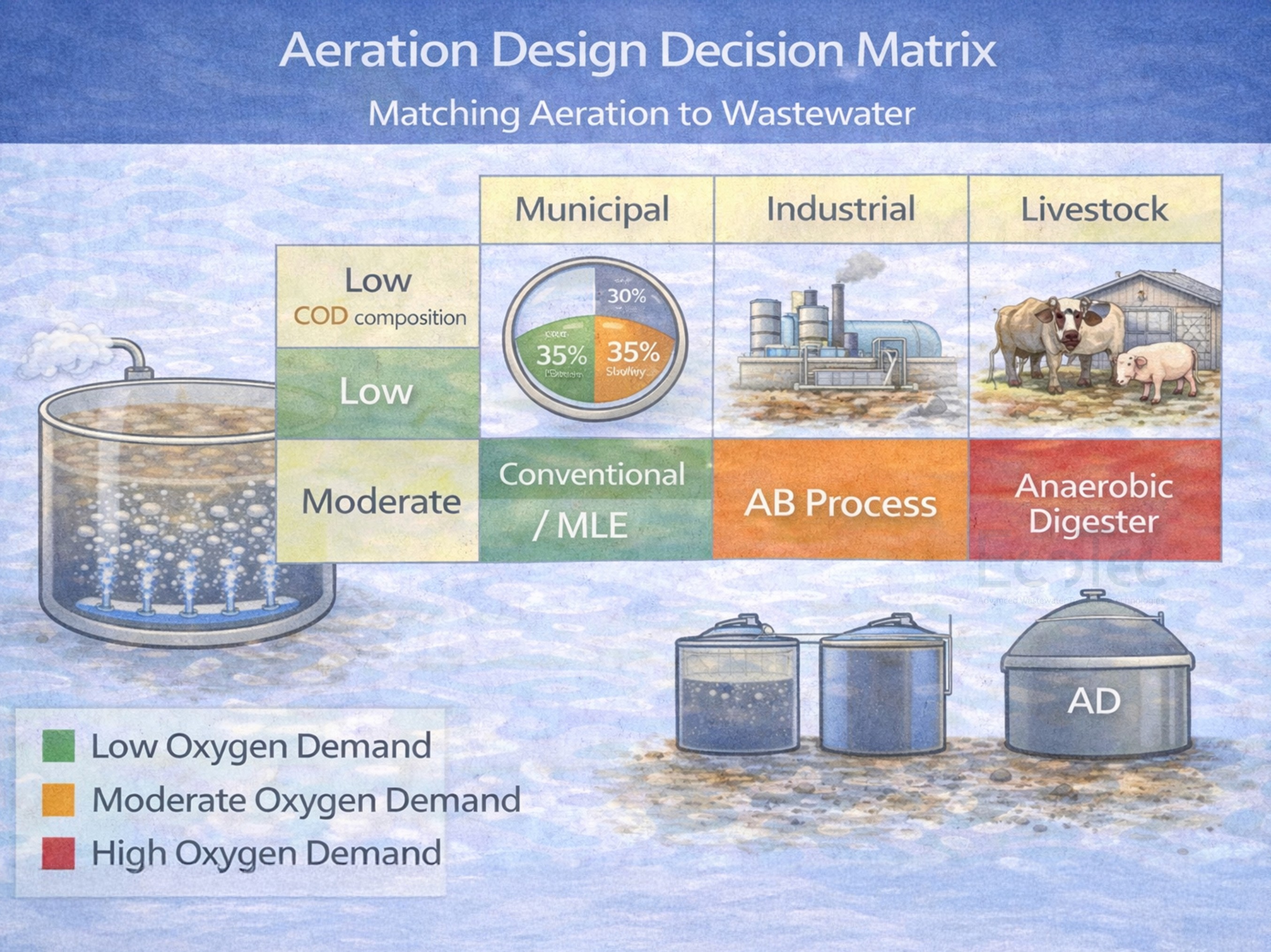 Aeration design decision matrix for wastewater treatment matching COD strength and source type with MLE, activated sludge, and anaerobic digester processes.