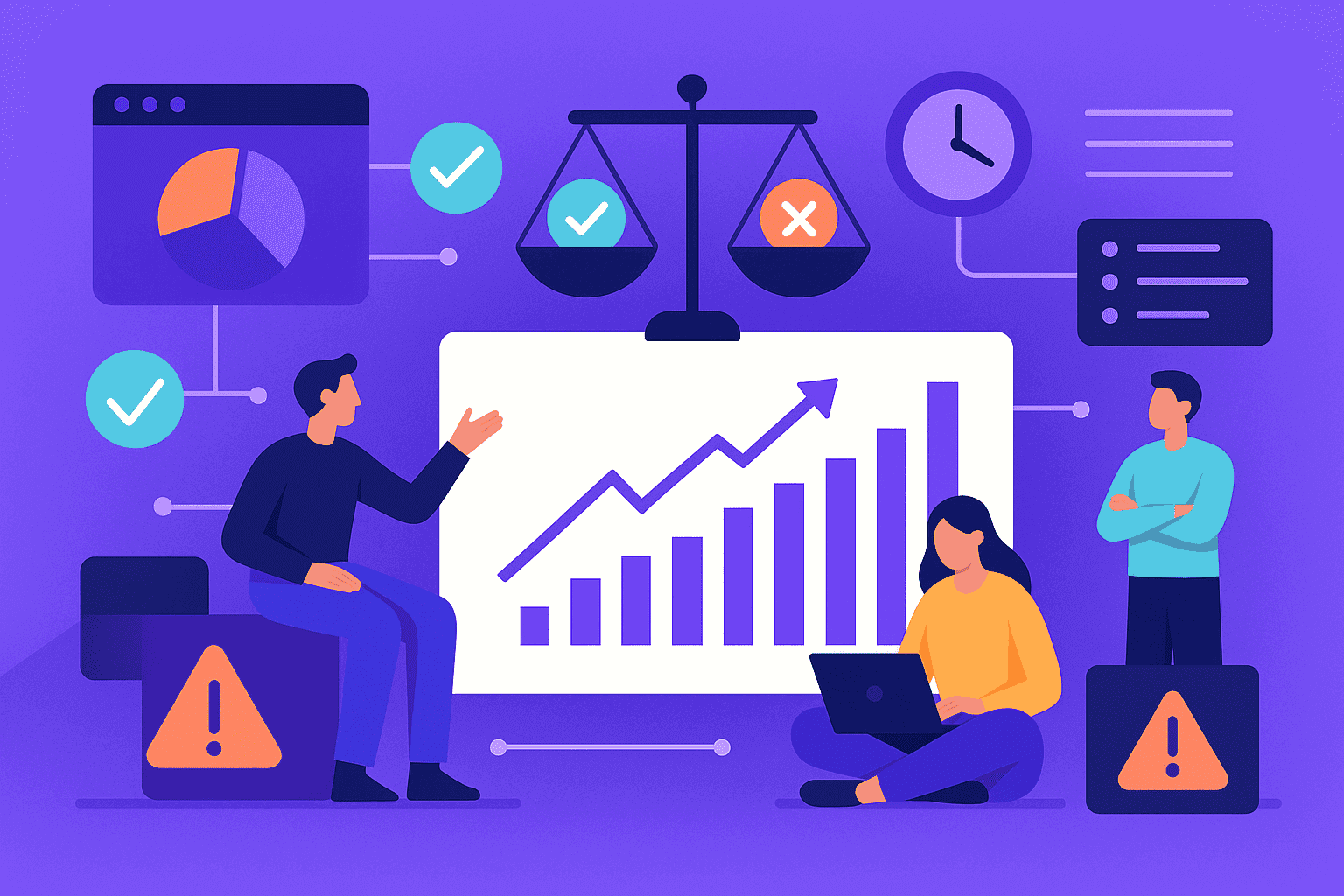 Abstract illustration showing the balance between data analytics and human trust in workplace productivity tracking, using blue-violet gradients and modern shapes.