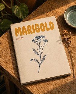 Magazine titled "MARIGOLD Issue 04" on a wooden table, featuring a blue floral illustration on the cover. Nearby, a small dish and dried flowers. Warm, natural setting.