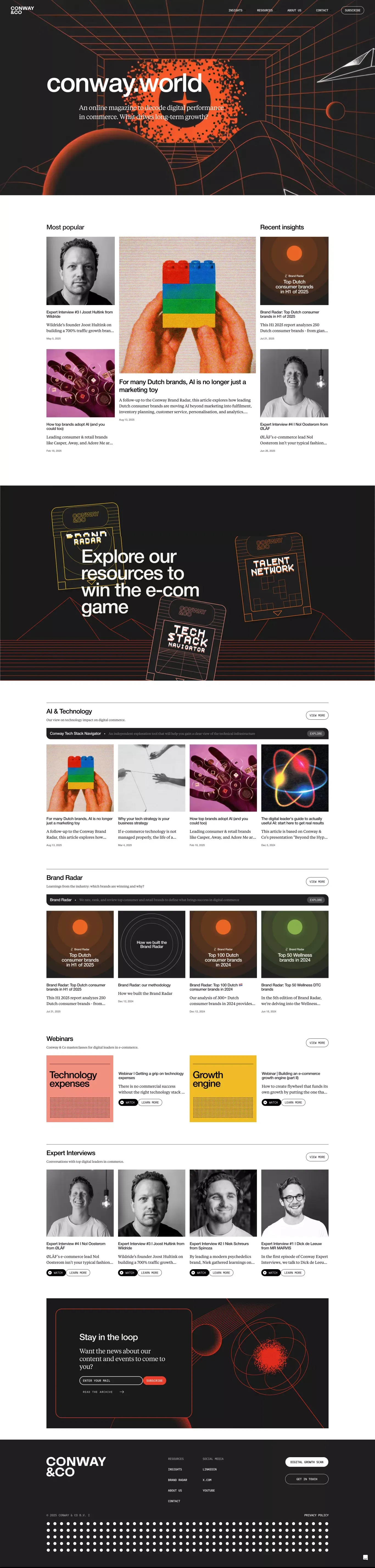 Conway World I An online magazine for di landing page screenshot showcasing AI and Ecommerce design
