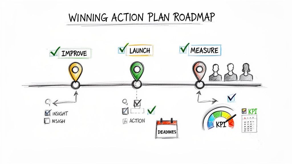 A hand-drawn winning action plan roadmap illustration with stages: Improve, Launch, and Measure, showing KPIs.