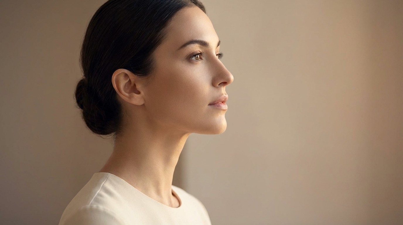 Elegante zijaanzicht van de nek van een vrouw en duidelijk gedefinieerde kaaklijn, die iets omhoog kijkt. De verlichting benadrukt specifiek de gladde contour van de kin. De huid is vlekkeloos en natuurlijk. Achtergrond: Een zachte, warme beige verloop om het minimalistisch en medisch-chique te houden. Stijl: Hoogwaardige architecturale fotografie, 8k resolutie, zacht daglicht, neutraal kleurenpalet.