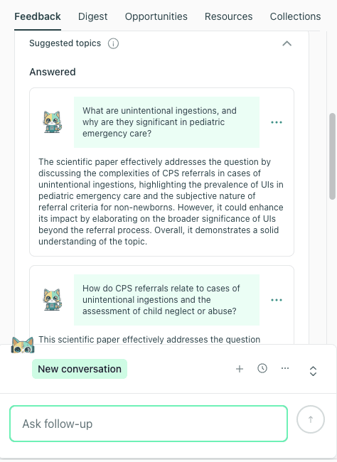 AI feedback asking probing questions about the significance of unintentional ingestions in pediatric care to ensure the abstract addresses impact.